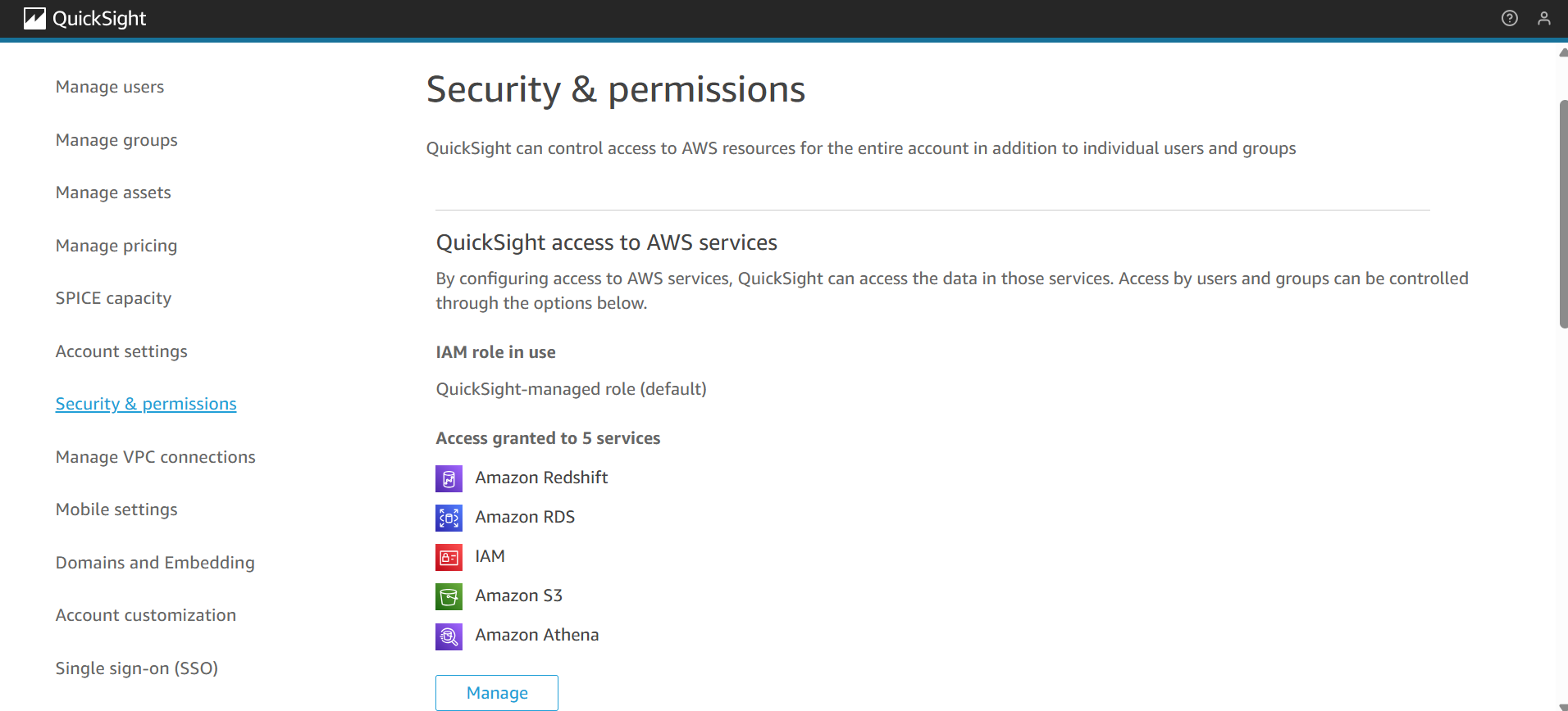 Amazon QuicSight Configuring permissions