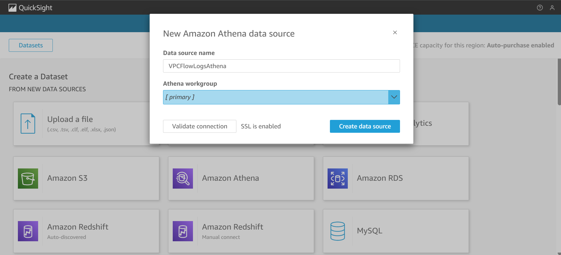 Amazon QuicSight Creating DataSet